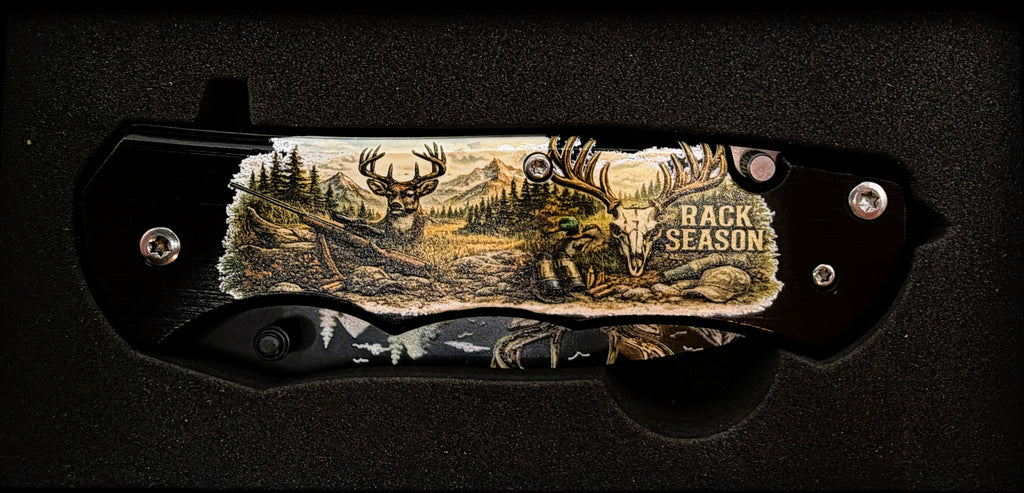 Rack Season. Whitetail Buck UV Printed Pocket Knife, Spring-Assisted Multi-Tool Knife, Deer Hunter Gift, C3DLW Field & Timber Collection™