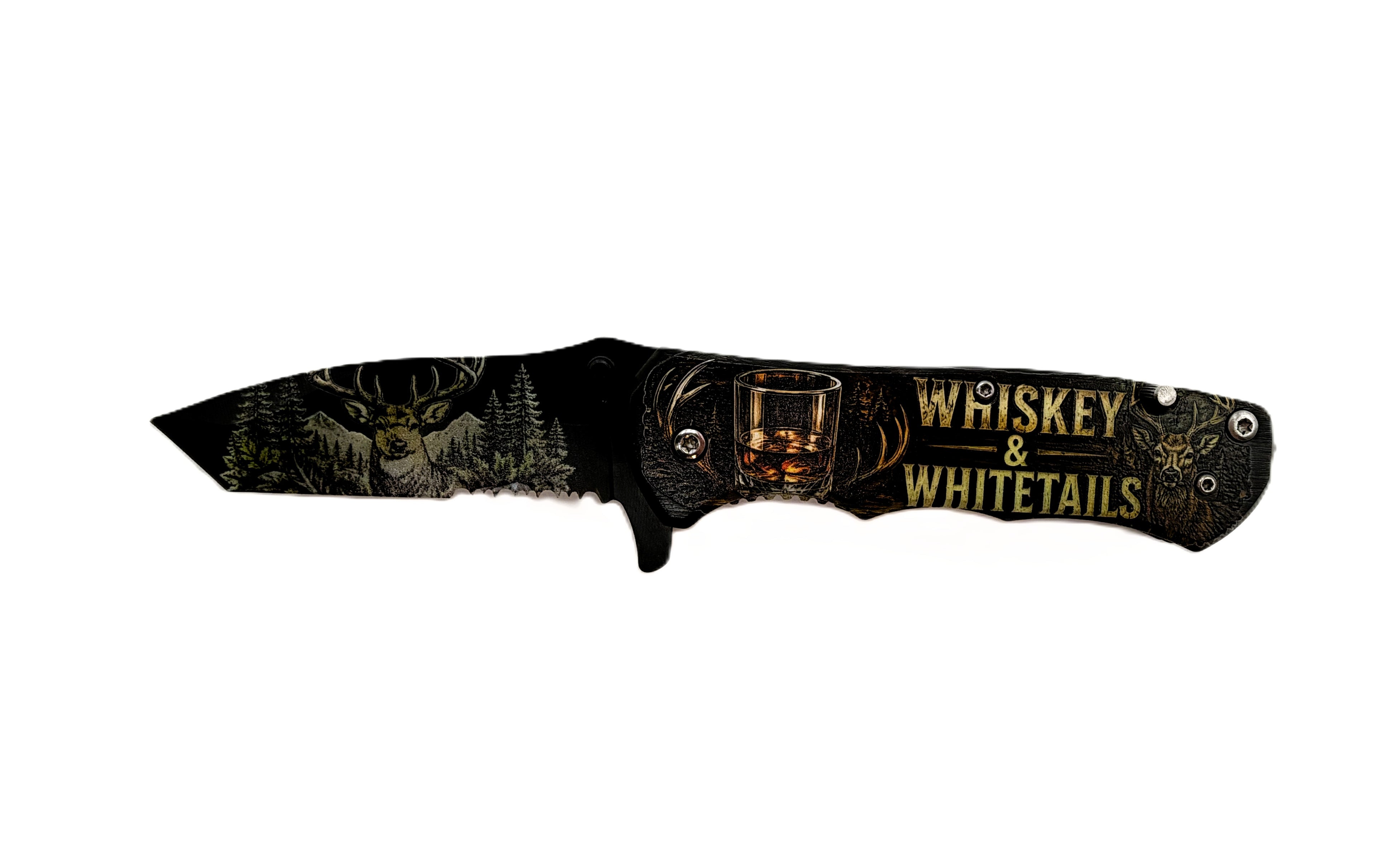 Whiskey & Whitetails. Buck UV Printed Pocket Knife, Spring-Assisted Multi-Tool Knife, Hunter Gift, C3DLW Field & Timber Collection™