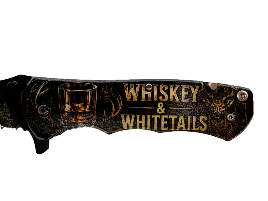 Whiskey & Whitetails. Buck UV Printed Pocket Knife, Spring-Assisted Multi-Tool Knife, Hunter Gift, C3DLW Field & Timber Collection™