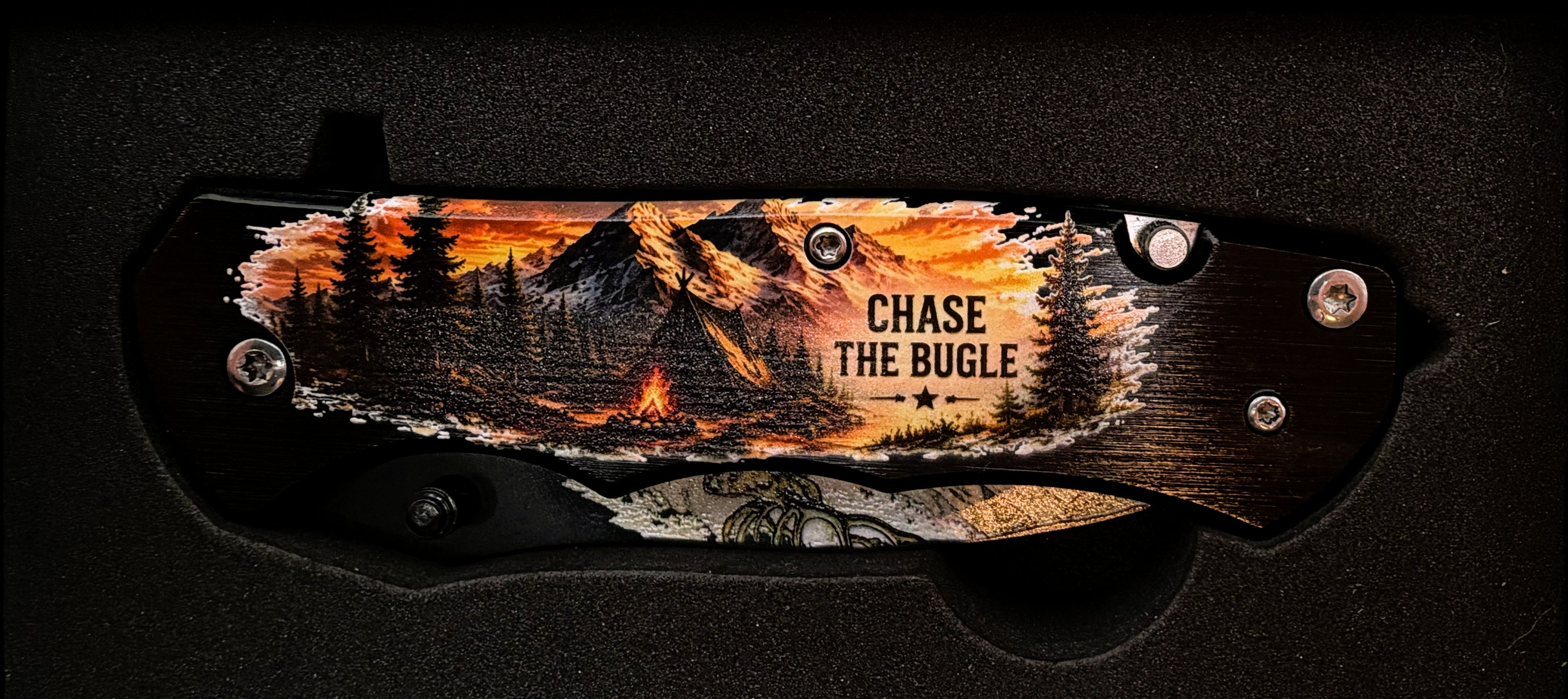 Chase the Bugle. Bull Elk UV Printed Pocket Knife, Spring-Assisted Multi-Tool Knife, Elk Hunter Gift, C3DLW Field & Timber Collection™