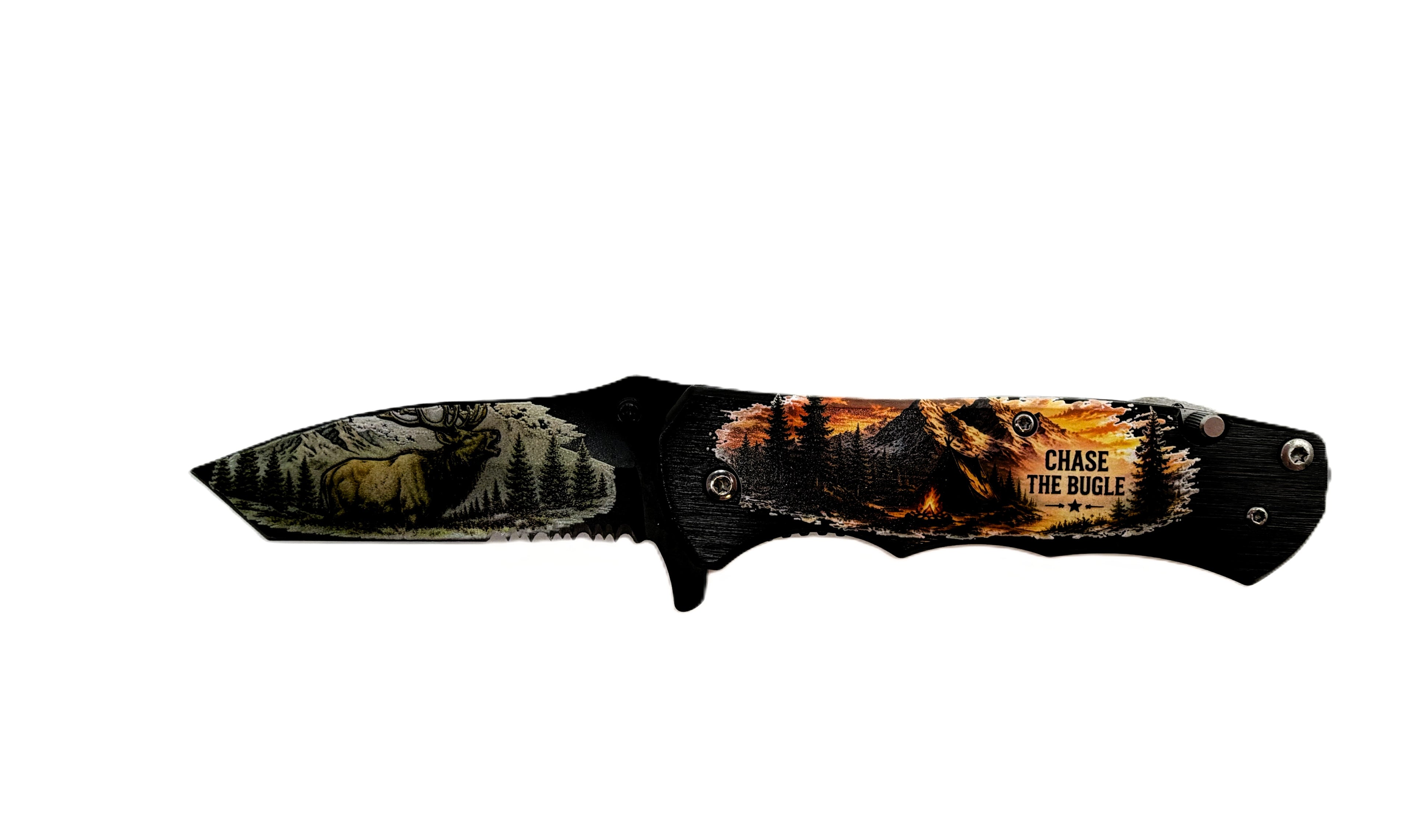 Chase the Bugle. Bull Elk UV Printed Pocket Knife, Spring-Assisted Multi-Tool Knife, Elk Hunter Gift, C3DLW Field & Timber Collection™