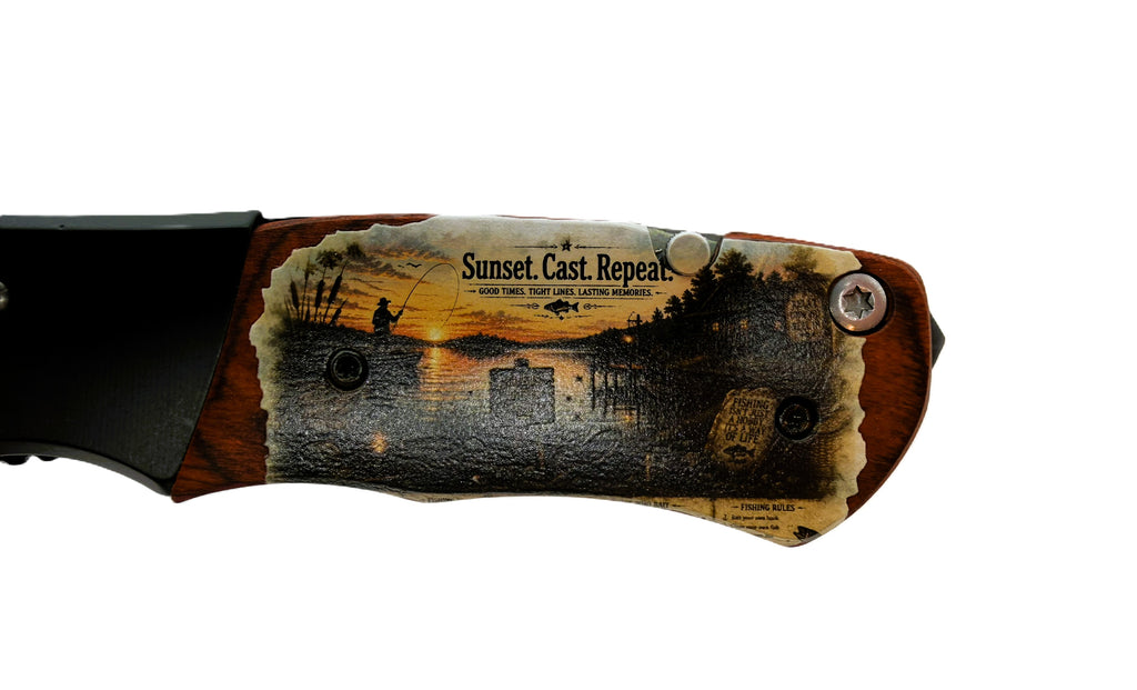 Sunset. Cast. Repeat. Fishing UV Printed Pocket Knife, Spring-Assisted Multi-Tool Knife, Fisherman Gift, C3DLW Field & Timber Collection™