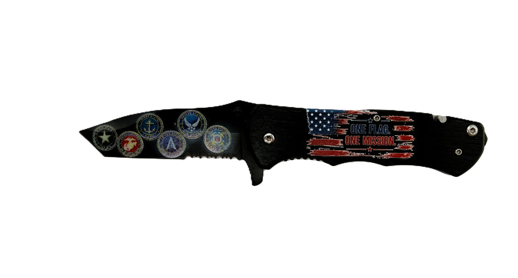 One Flag. One Mission. All Six Armed Forces Branches UV Printed Pocket Knife, Spring-Assisted Multi-Tool Knife, Veteran & Military Gift, C3DLW American Legacy Series™