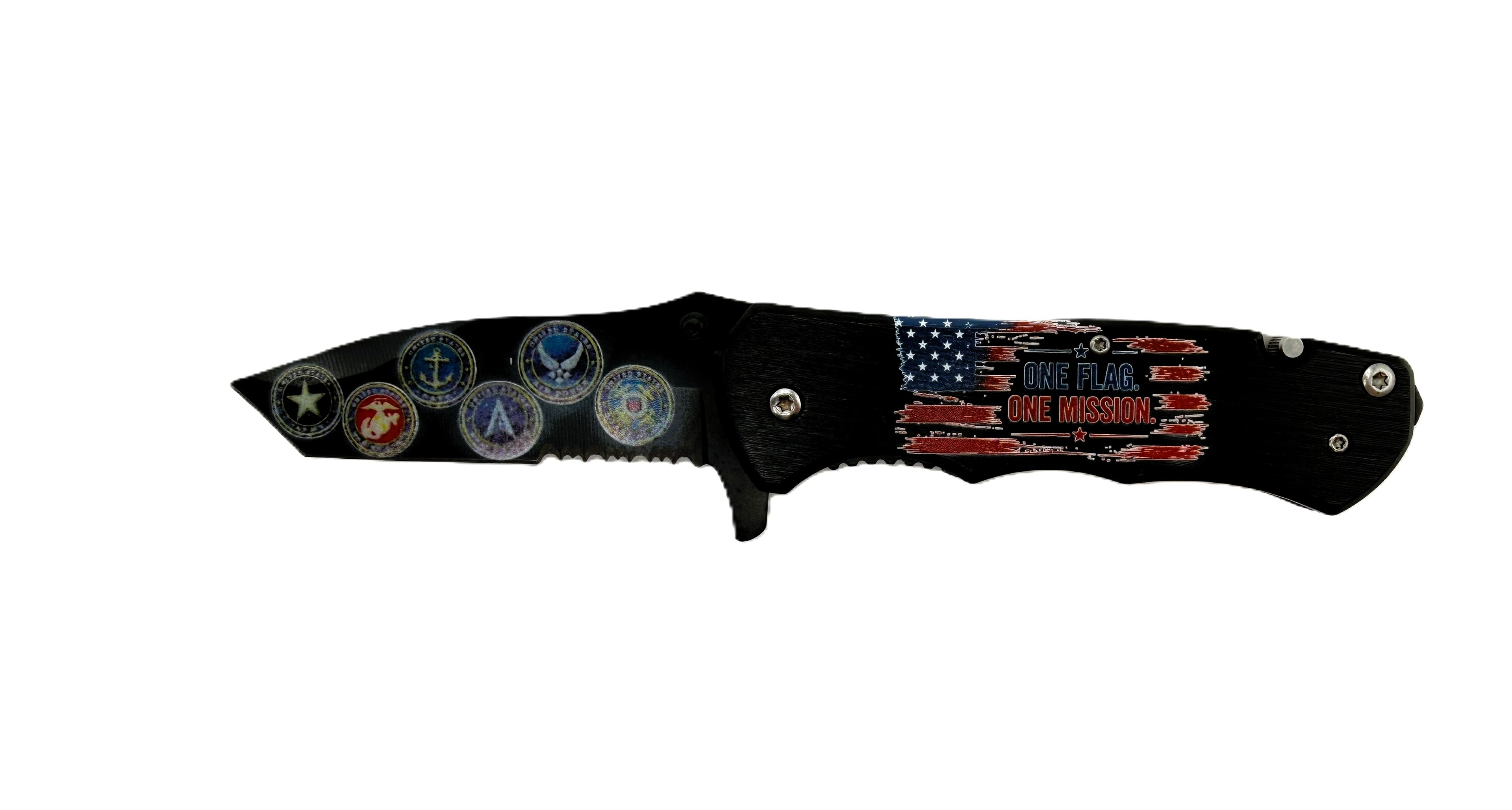 One Flag. One Mission. All Six Armed Forces Branches UV Printed Pocket Knife, Spring-Assisted Multi-Tool Knife, Veteran & Military Gift, C3DLW American Legacy Series™