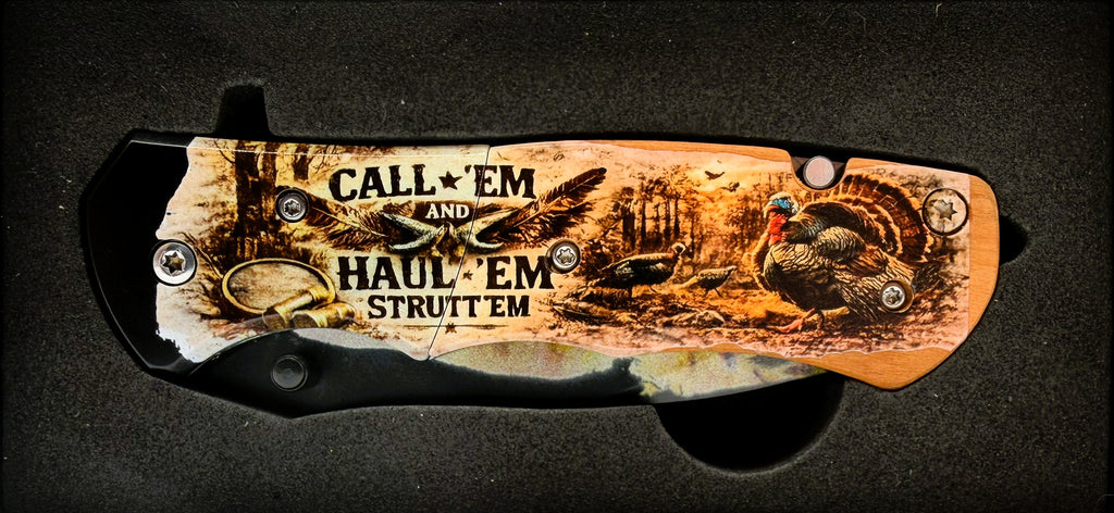 Call 'Em and Haul 'Em, Strutt 'Em. Wild Turkey UV Printed Pocket Knife, Spring-Assisted Multi-Tool Knife, Turkey Hunter Gift, C3DLW Field & Timber Collection™
