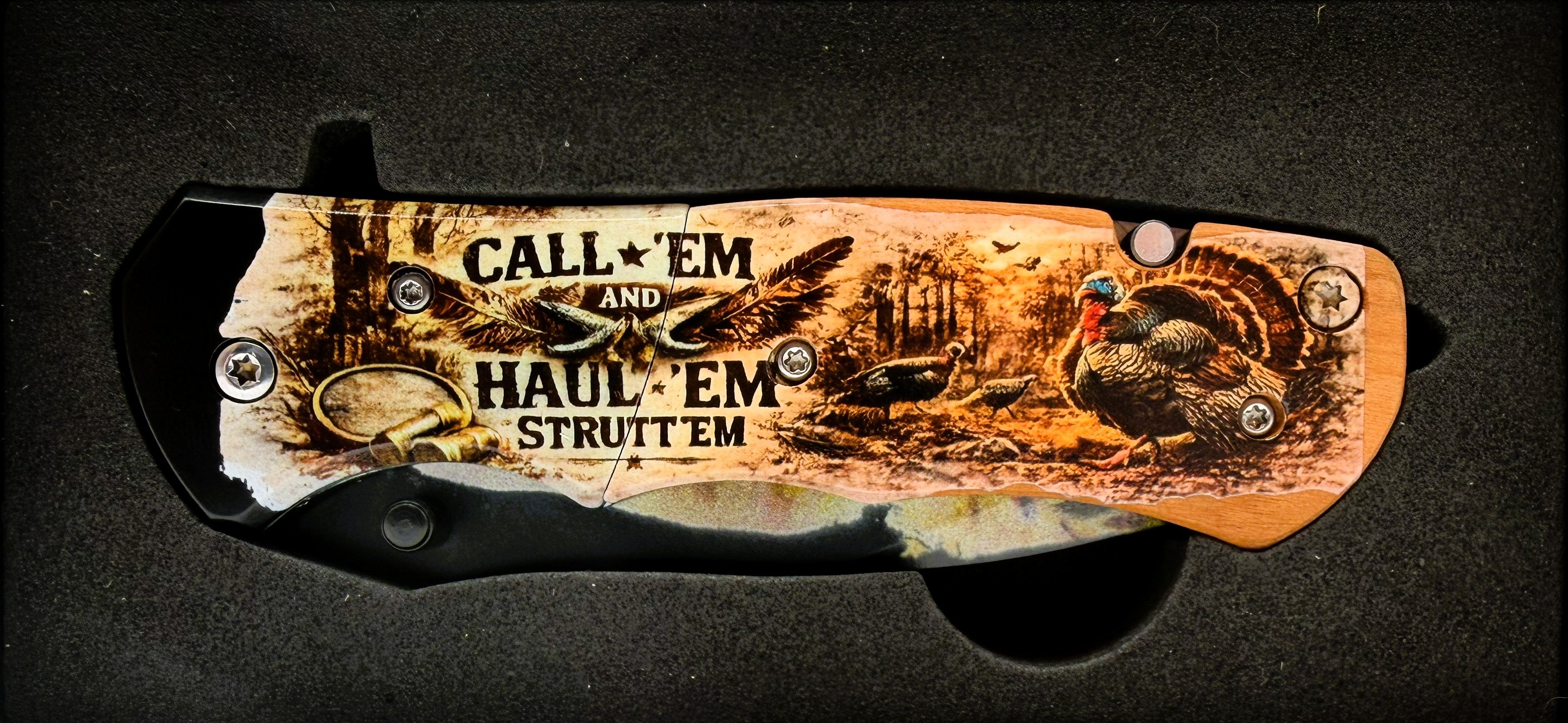 Call 'Em and Haul 'Em, Strutt 'Em. Wild Turkey UV Printed Pocket Knife, Spring-Assisted Multi-Tool Knife, Turkey Hunter Gift, C3DLW Field & Timber Collection™