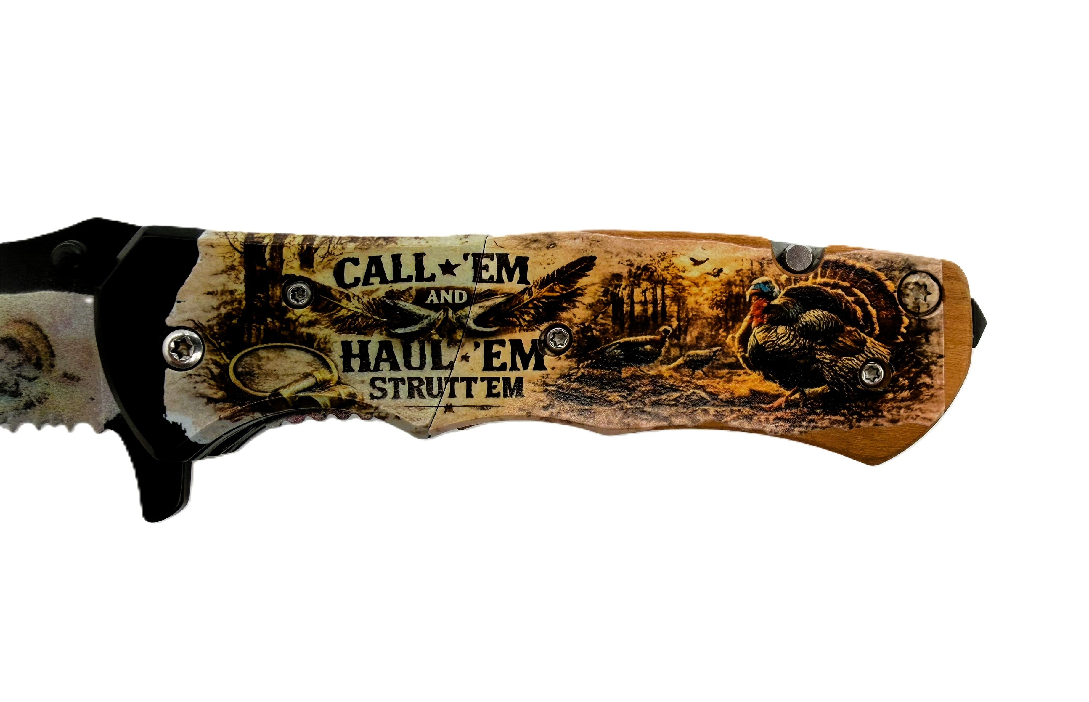 Call 'Em and Haul 'Em, Strutt 'Em. Wild Turkey UV Printed Pocket Knife, Spring-Assisted Multi-Tool Knife, Turkey Hunter Gift, C3DLW Field & Timber Collection™