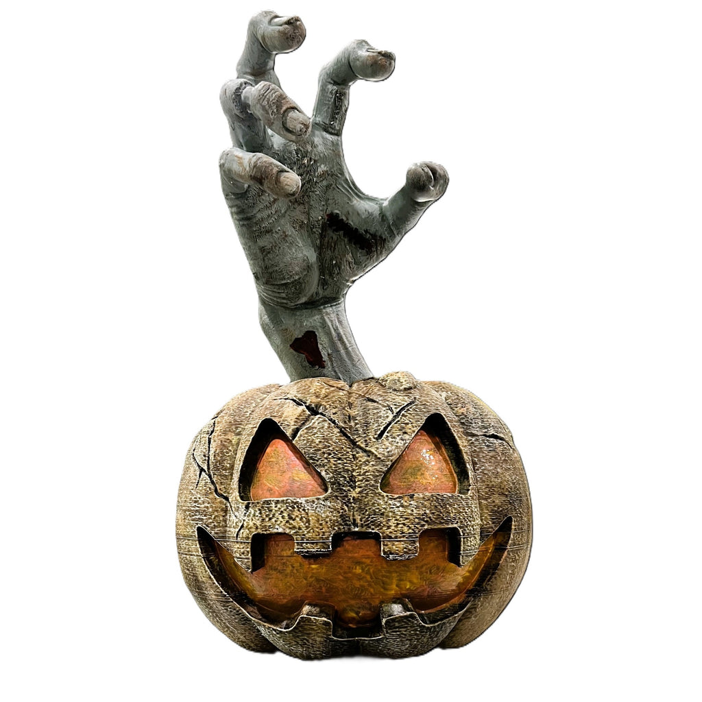 Halloween Scary Pumpkin Decoration with Zombie Hand, Orange with Flesh Tones