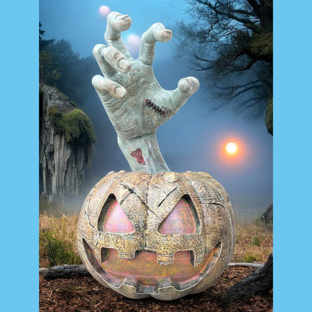 Halloween Scary Pumpkin Decoration with Zombie Hand, Orange with Flesh Tones