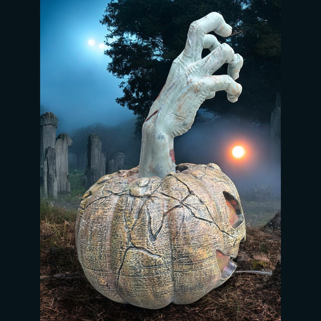 Halloween Scary Pumpkin Decoration with Zombie Hand, Orange with Flesh Tones