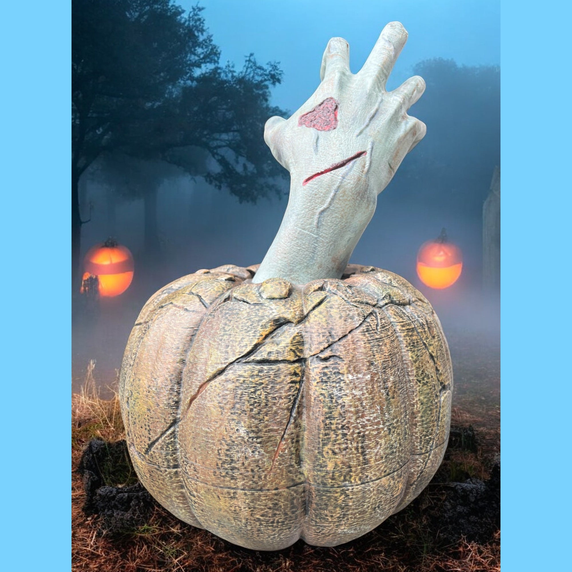 Halloween Scary Pumpkin Decoration with Zombie Hand, Orange with Flesh Tones