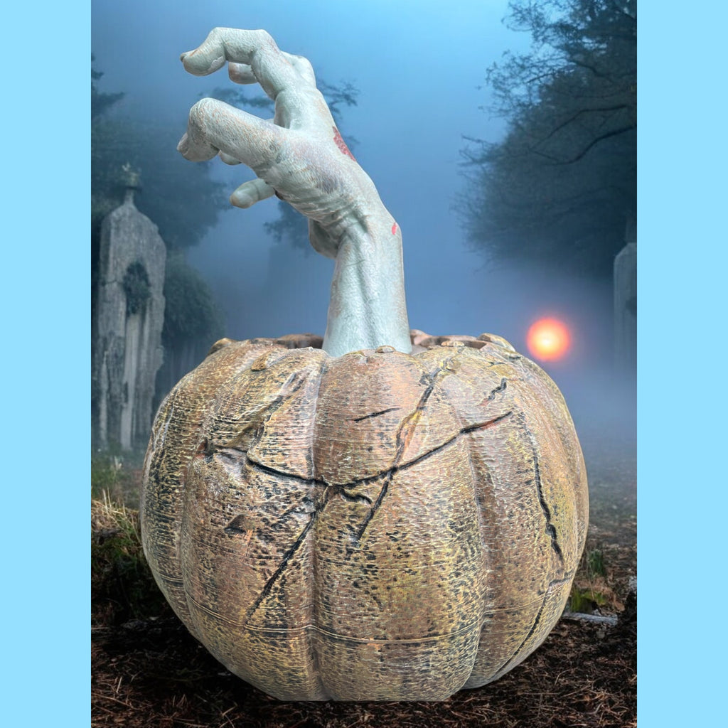Halloween Scary Pumpkin Decoration with Zombie Hand, Orange with Flesh Tones