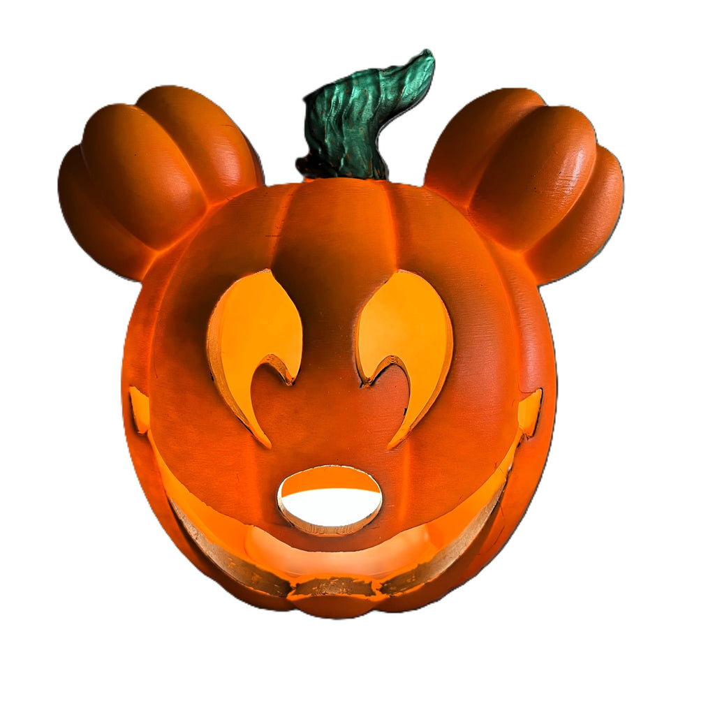 3D Printed Mouse-Themed Halloween LED Pumpkin Lantern - White with Purple Bow