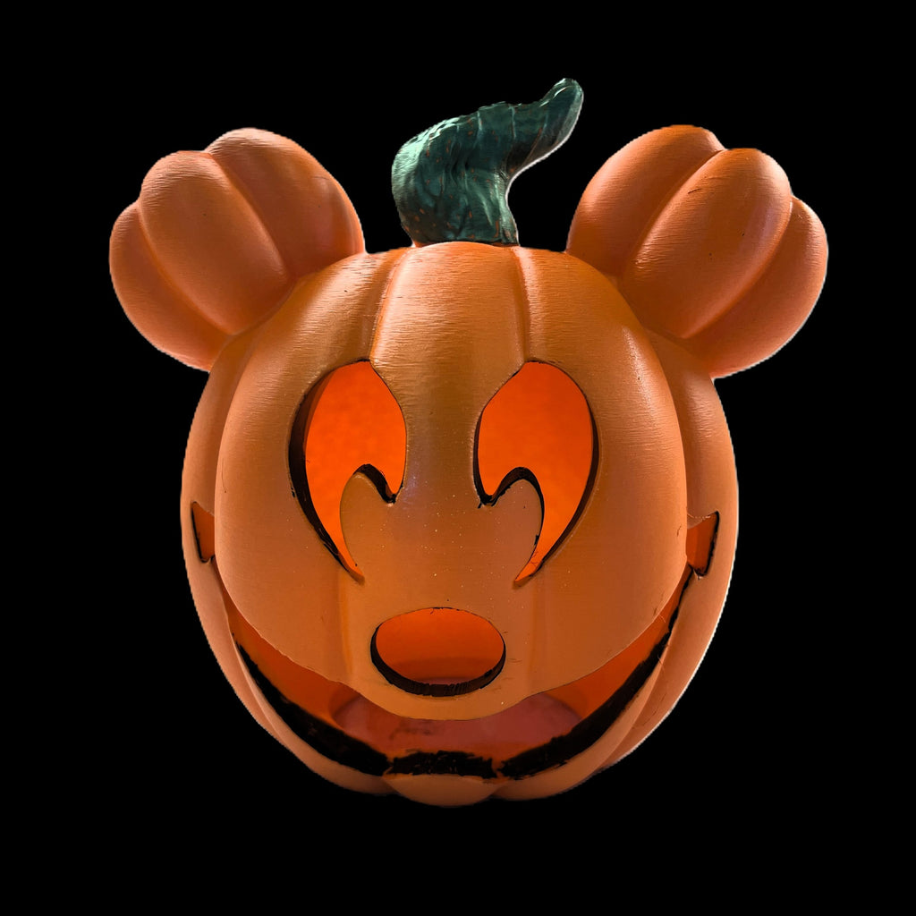 3D Printed Mouse-Themed Halloween LED Pumpkin Lantern - White with Purple Bow