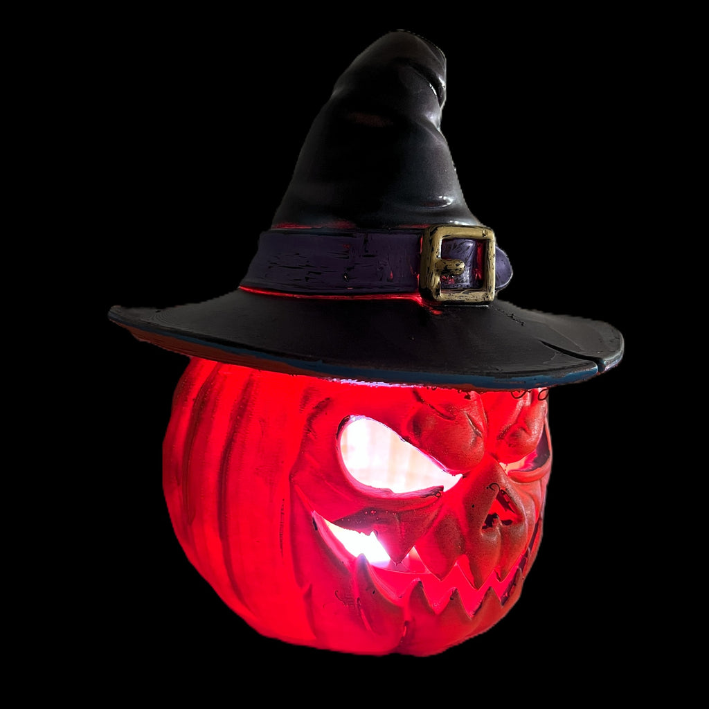 Wicked Witch LED Halloween Pumpkin Decoration, Orange with Black Witch Hat