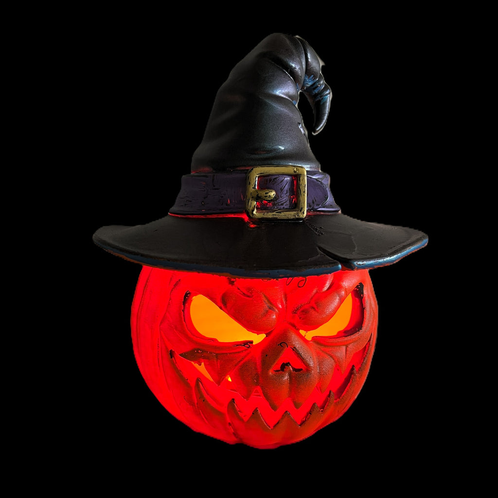 Wicked Witch LED Halloween Pumpkin Decoration, Orange with Black Witch Hat
