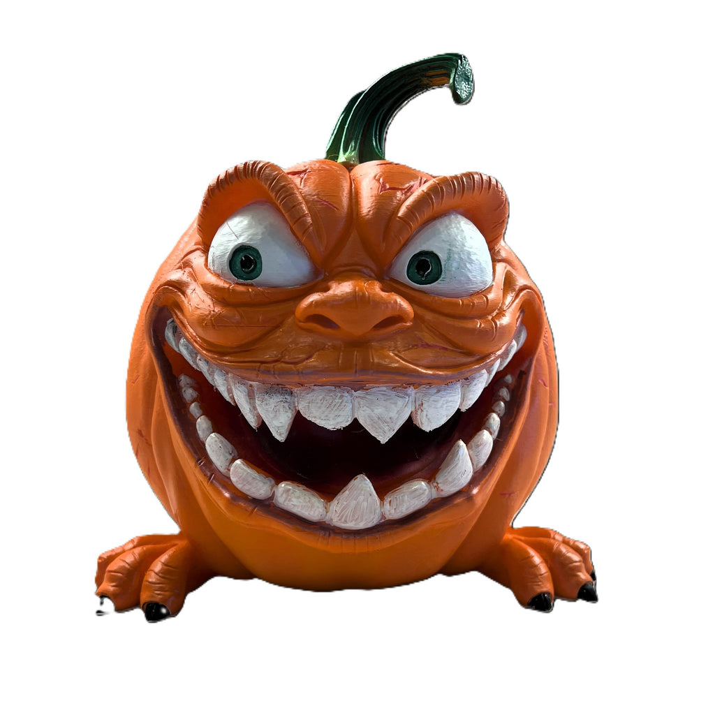 Monster Grin Halloween Pumpkin Decoration, Orange with Green Stem, 10x9 Inches