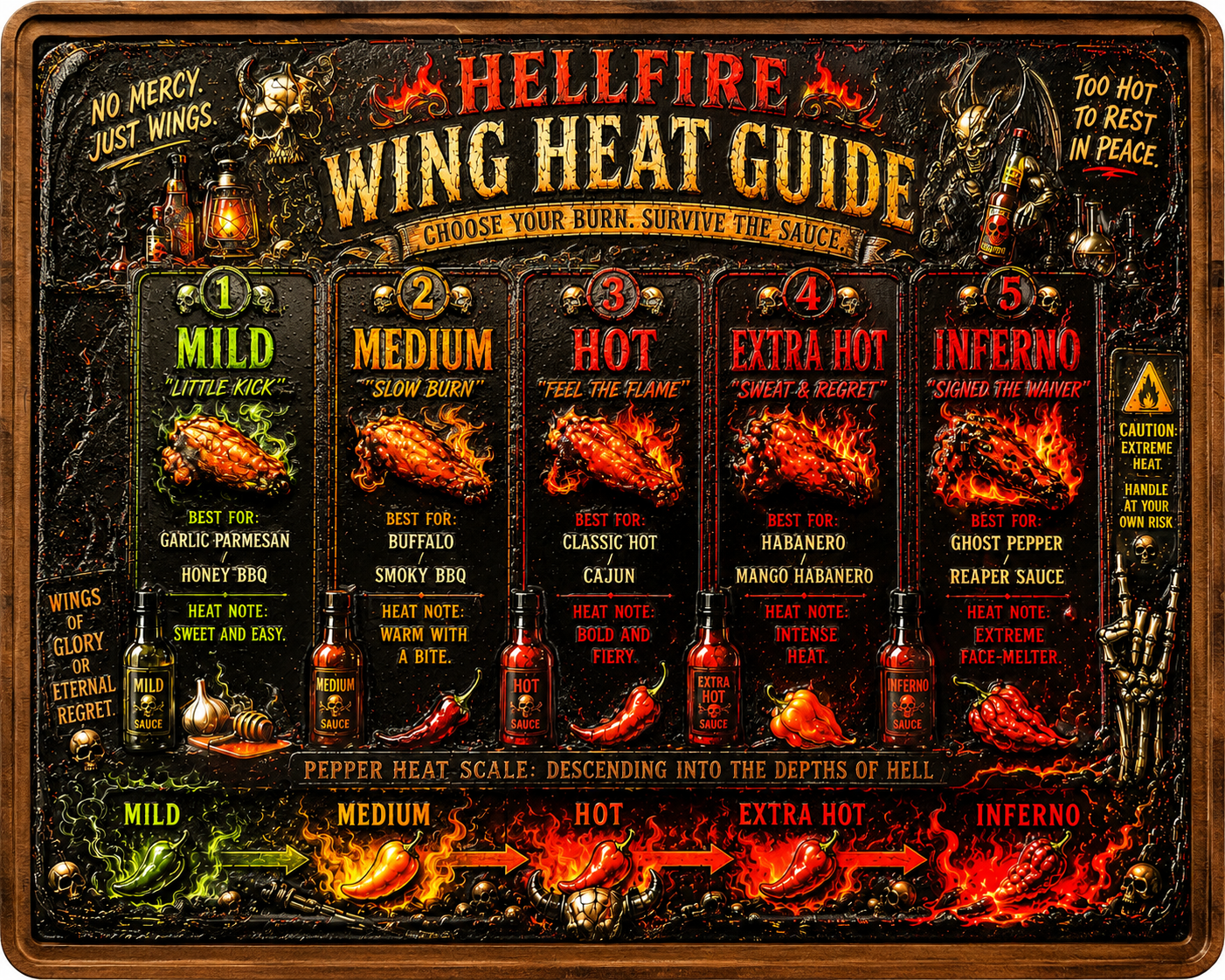 Hot Sauce Lover Gift, Hellfire Wing Heat Guide Decorative Kitchen Board, Funny BBQ Grill Decor, Hot Wing Lover Gift, Man Cave Wall Art, Bar & Game Room Decor, 11.5" x 8.75"