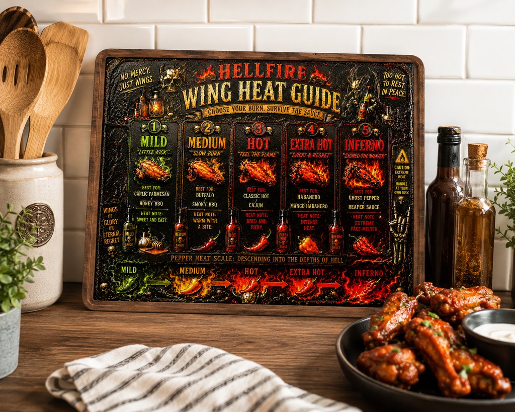 Hot Sauce Lover Gift, Hellfire Wing Heat Guide Decorative Kitchen Board, Funny BBQ Grill Decor, Hot Wing Lover Gift, Man Cave Wall Art, Bar & Game Room Decor, 11.5" x 8.75"