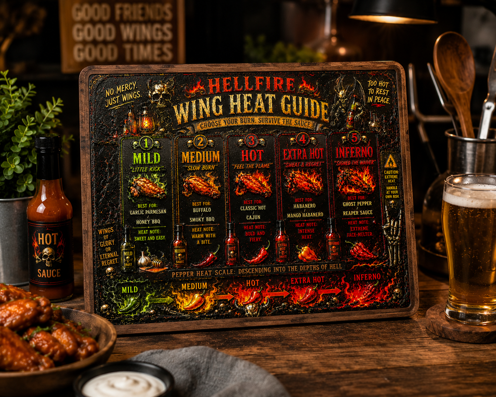 Hot Sauce Lover Gift, Hellfire Wing Heat Guide Decorative Kitchen Board, Funny BBQ Grill Decor, Hot Wing Lover Gift, Man Cave Wall Art, Bar & Game Room Decor, 11.5" x 8.75"