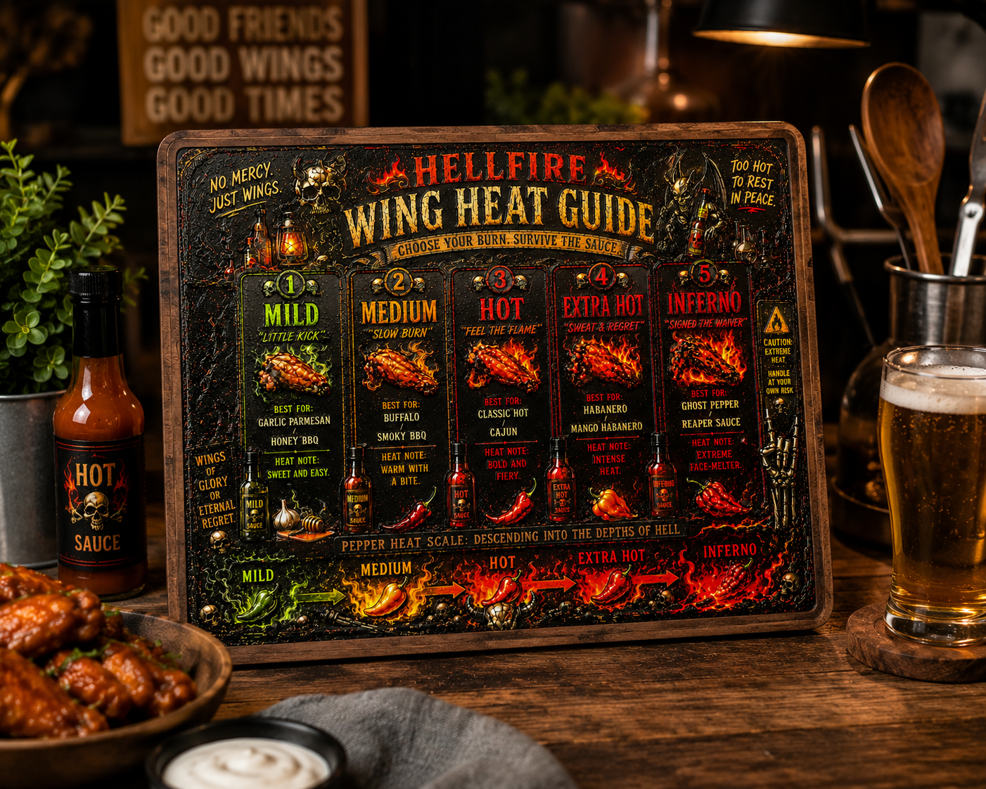 Hot Sauce Lover Gift, Hellfire Wing Heat Guide Decorative Kitchen Board, Funny BBQ Grill Decor, Hot Wing Lover Gift, Man Cave Wall Art, Bar & Game Room Decor, 11.5" x 8.75"