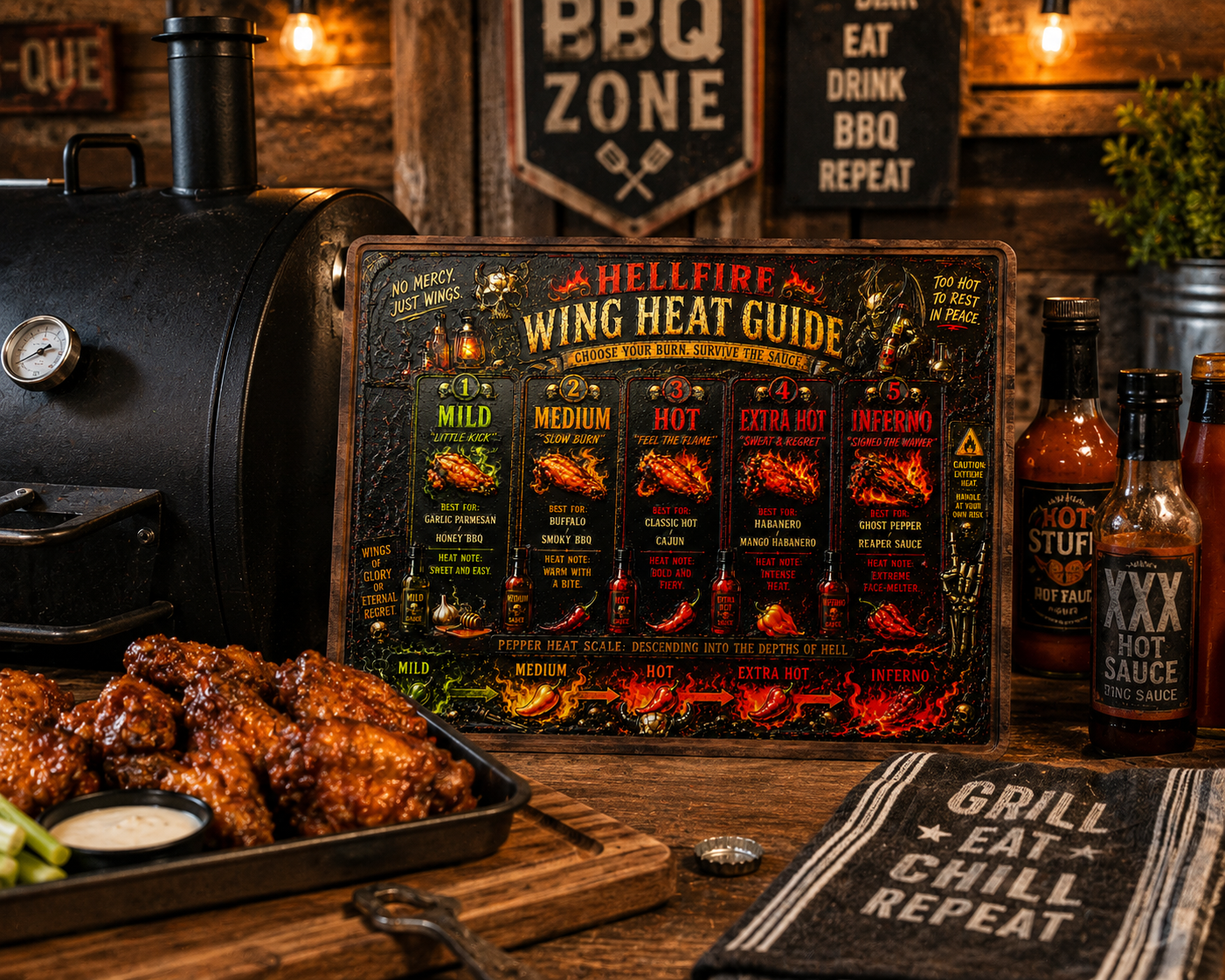 Hot Sauce Lover Gift, Hellfire Wing Heat Guide Decorative Kitchen Board, Funny BBQ Grill Decor, Hot Wing Lover Gift, Man Cave Wall Art, Bar & Game Room Decor, 11.5" x 8.75"