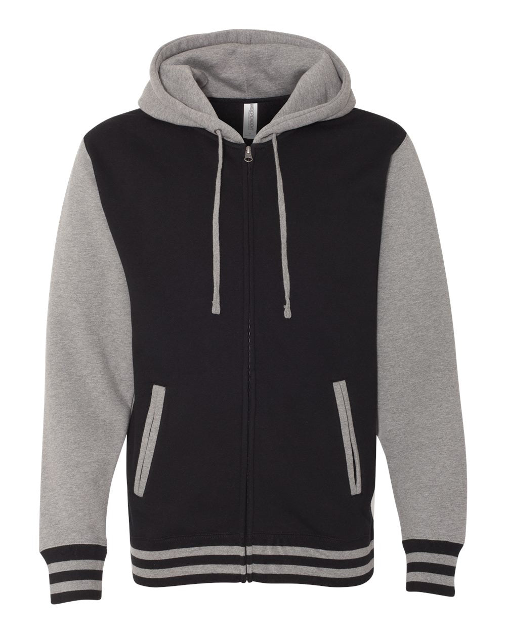 Independent Trading Co IND45UVZ varsity zip hoodie black gunmetal heather blank on white background