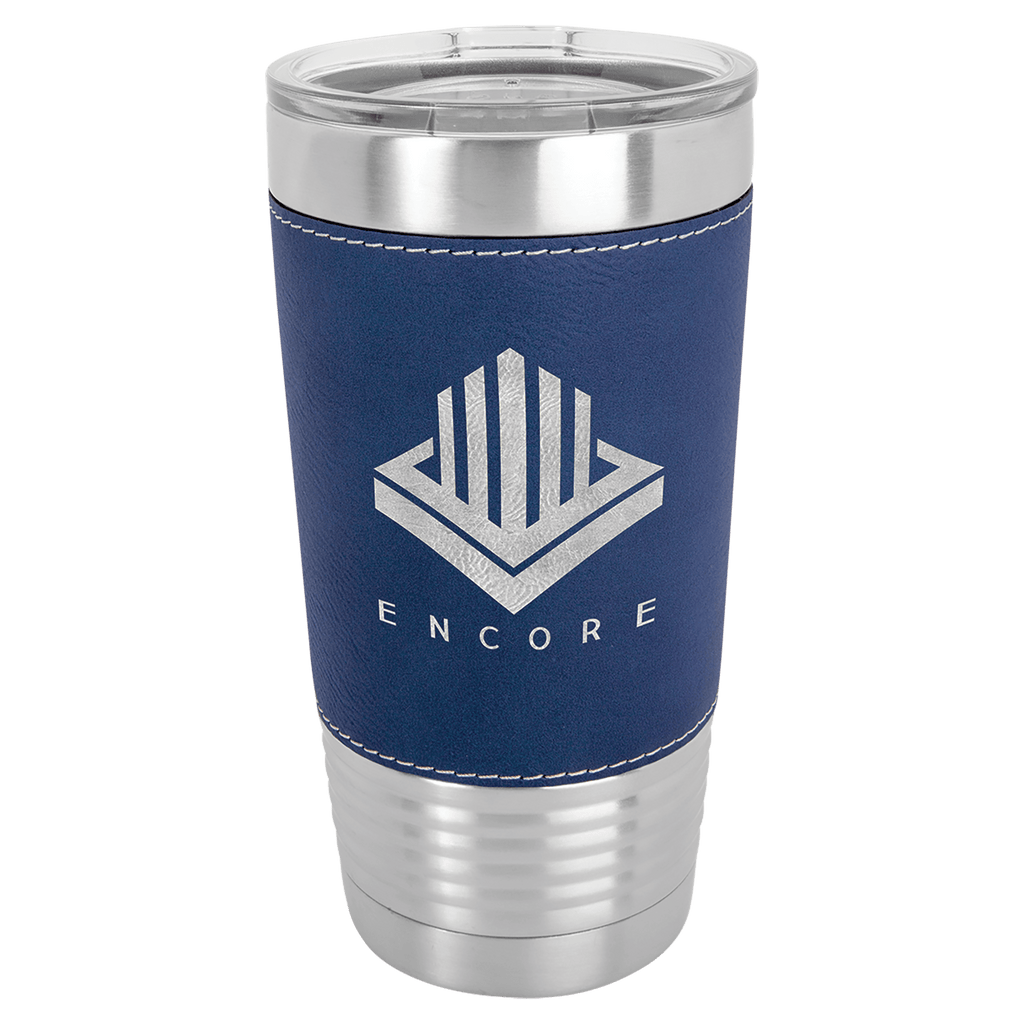 Blue/Silver Polar Camel 20 oz. Laserable Leatherette Tumbler with Clear Lid
