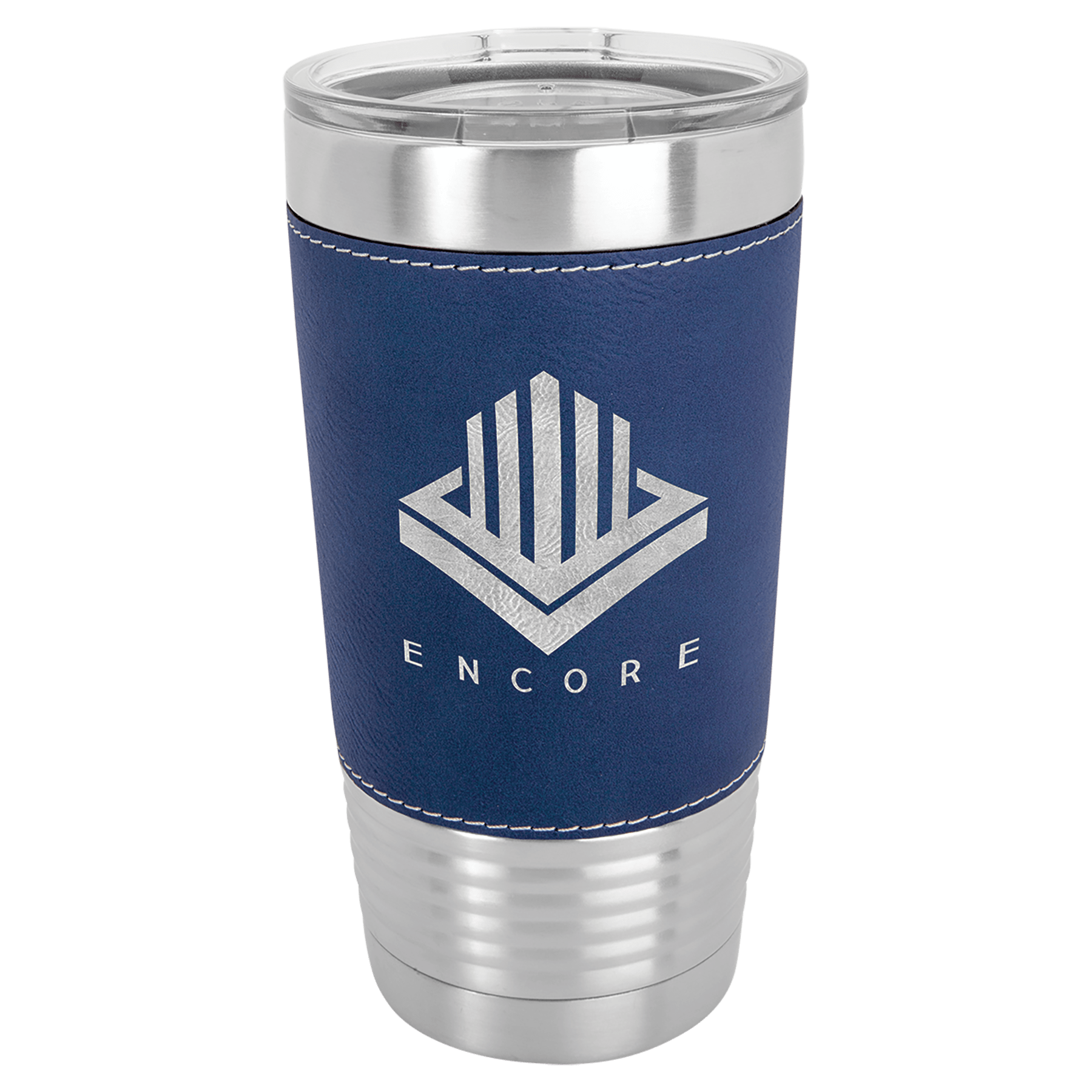 Blue/Silver Polar Camel 20 oz. Laserable Leatherette Tumbler with Clear Lid