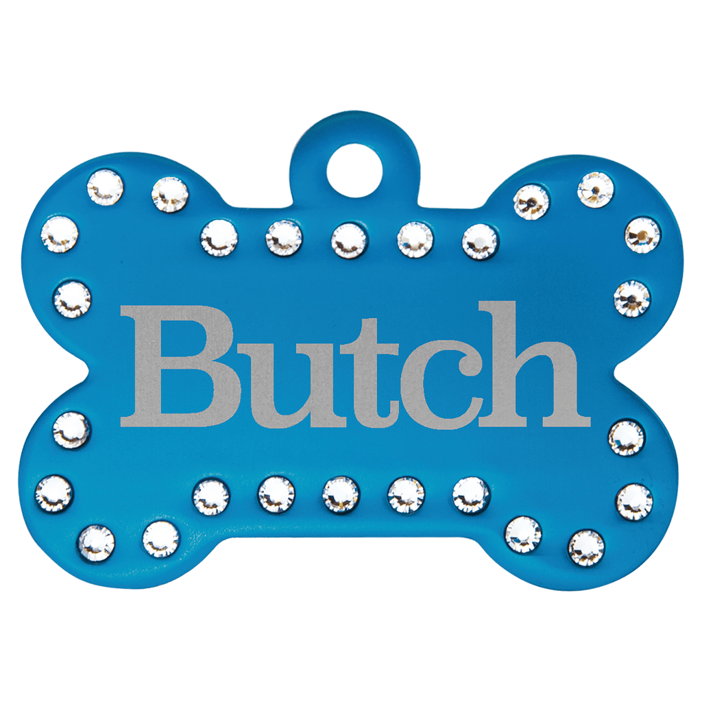 Blue 1 1/2" x 1" Laserable Anodized Aluminum Swarovski Bling Bone with Tab