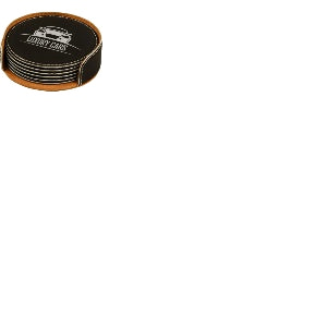 4" Black/Silver Round Laserable Leatherette 6-Coaster Set - Custom