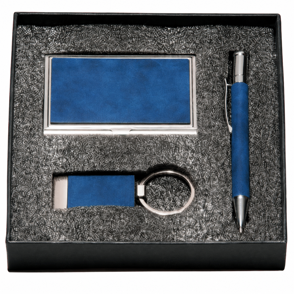 Blank blue marbleized leather portfolio keychain and pen gift set
