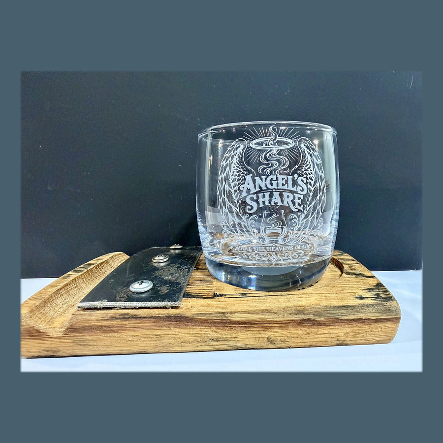 Angel's Share engraved whiskey glass with barrel stave glass rest