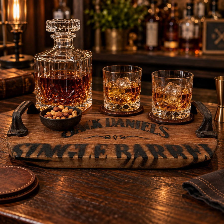 Whiskey barrel head serving tray with forged iron handles on a home bar