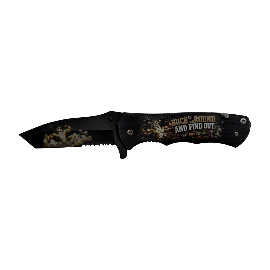 Buck Around and Find Out UV printed spring-assisted pocket knife on white