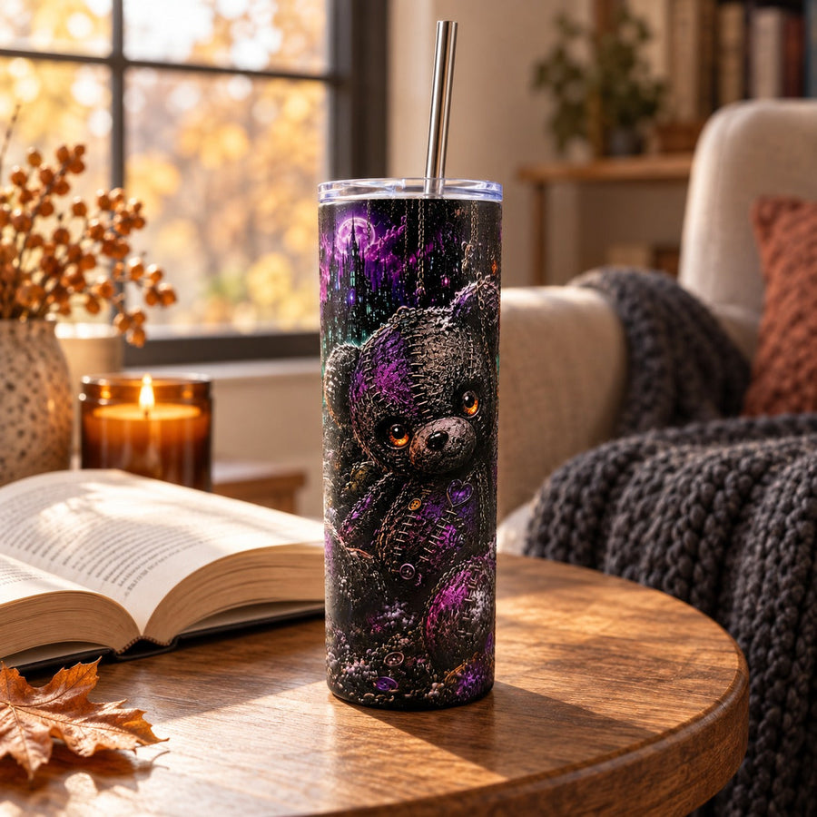 Creepy Bear 20oz UV printed tumbler on an autumn porch table