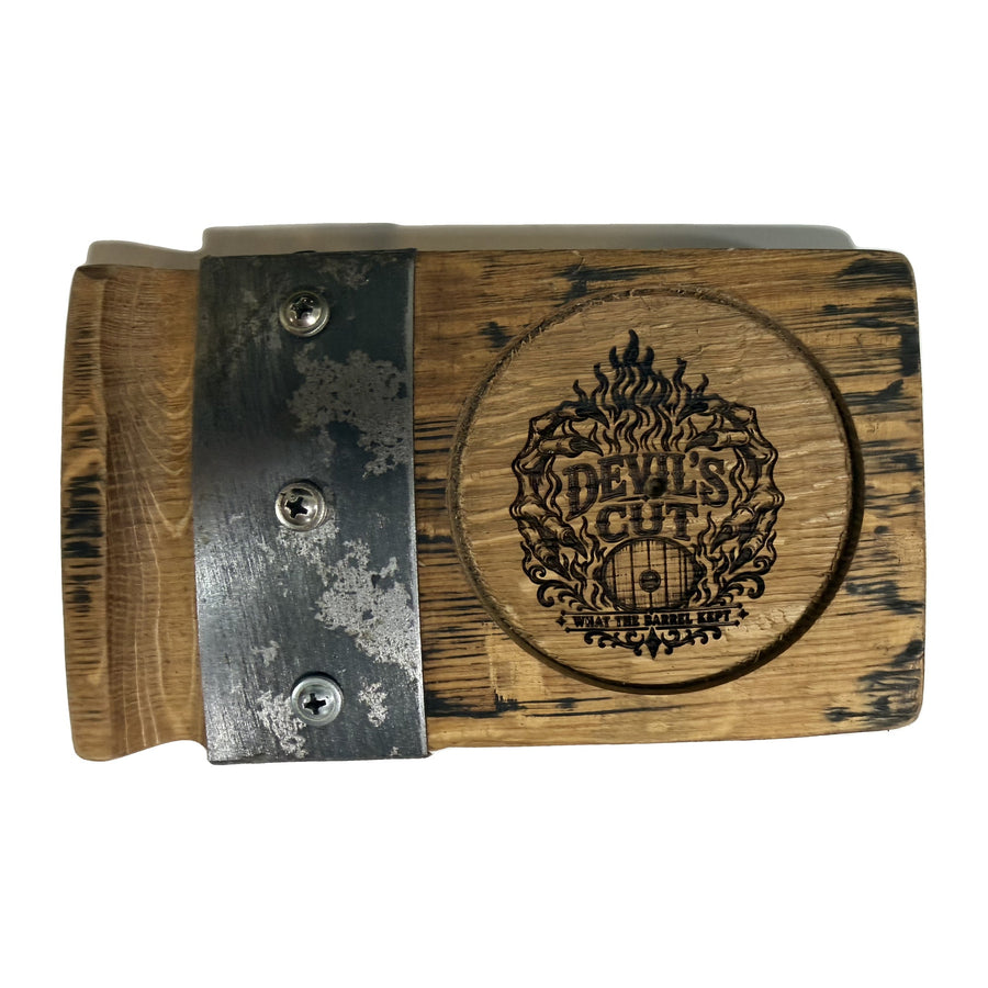 The Devil's Cut engraved barrel stave glass rest on white