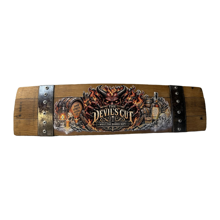 The Devil's Cut UV printed barrel stave sign on white