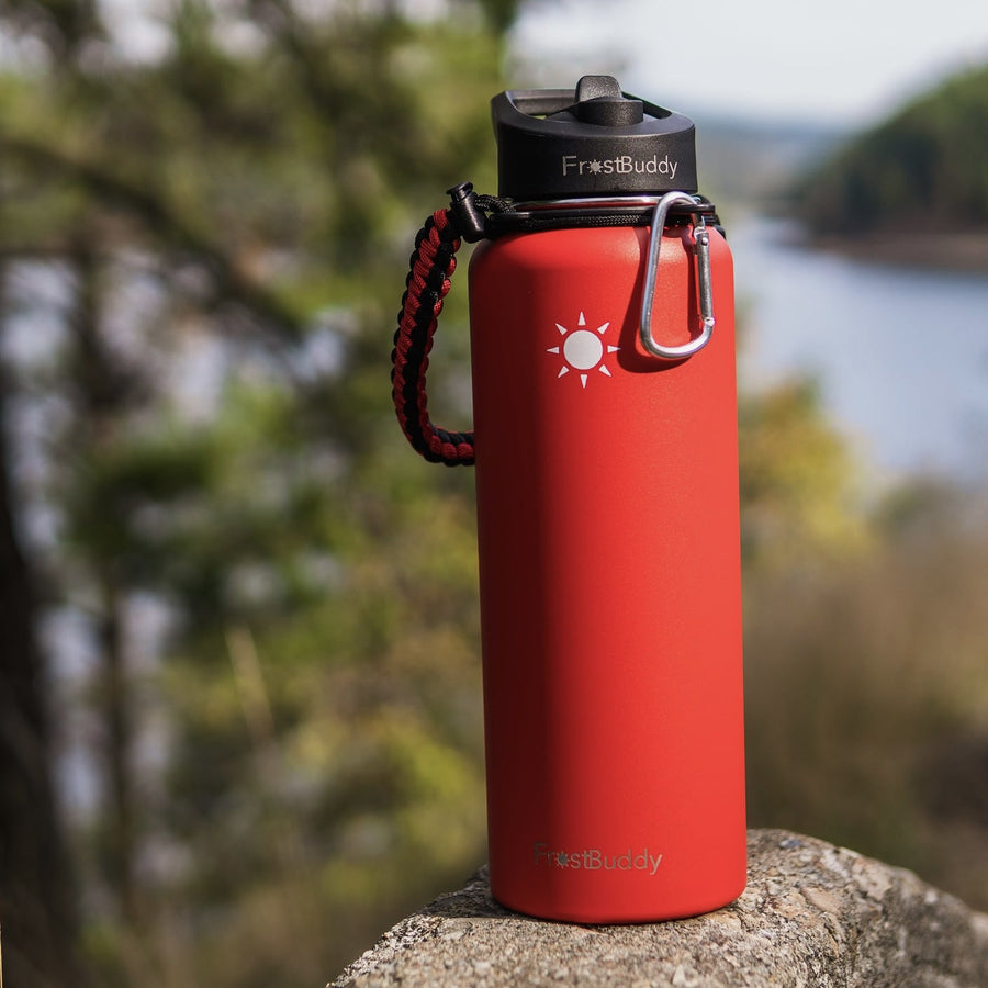Frost Buddy Sports Buddy insulated water bottle in red with paracord handle