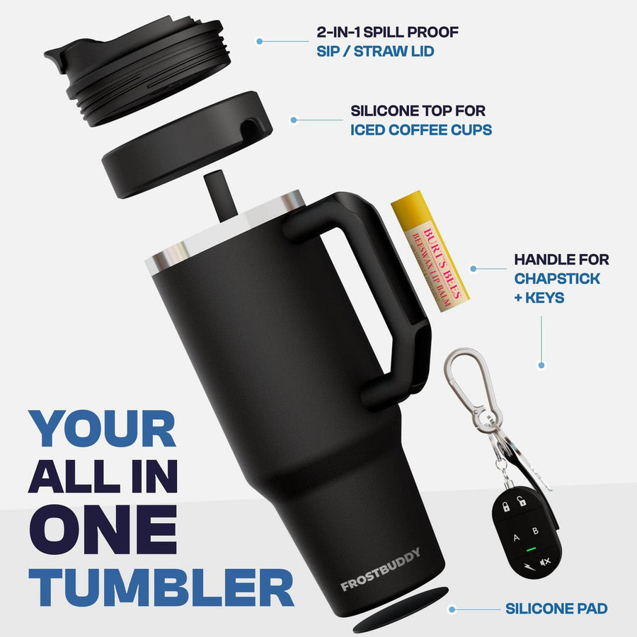 Frost Buddy Thicc Buddy insulated tumbler, exploded view showing spill-proof lid, chapstick holder and key clip