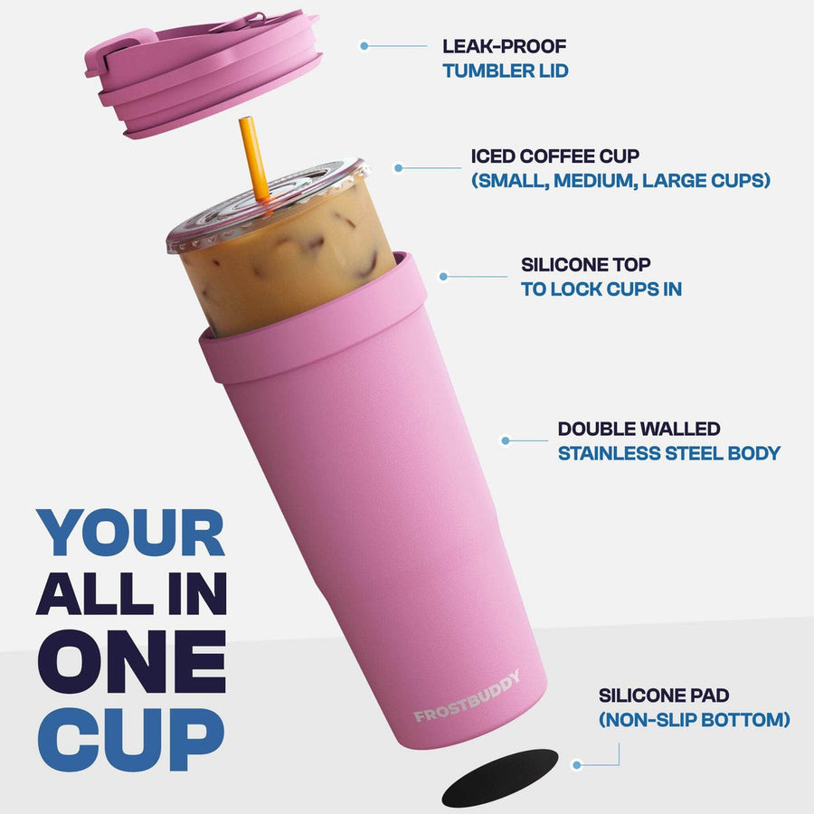 Frost Buddy To-Go Buddy 32oz insulated cup holder, exploded view showing leak-proof lid, silicone top and double-walled stainless body