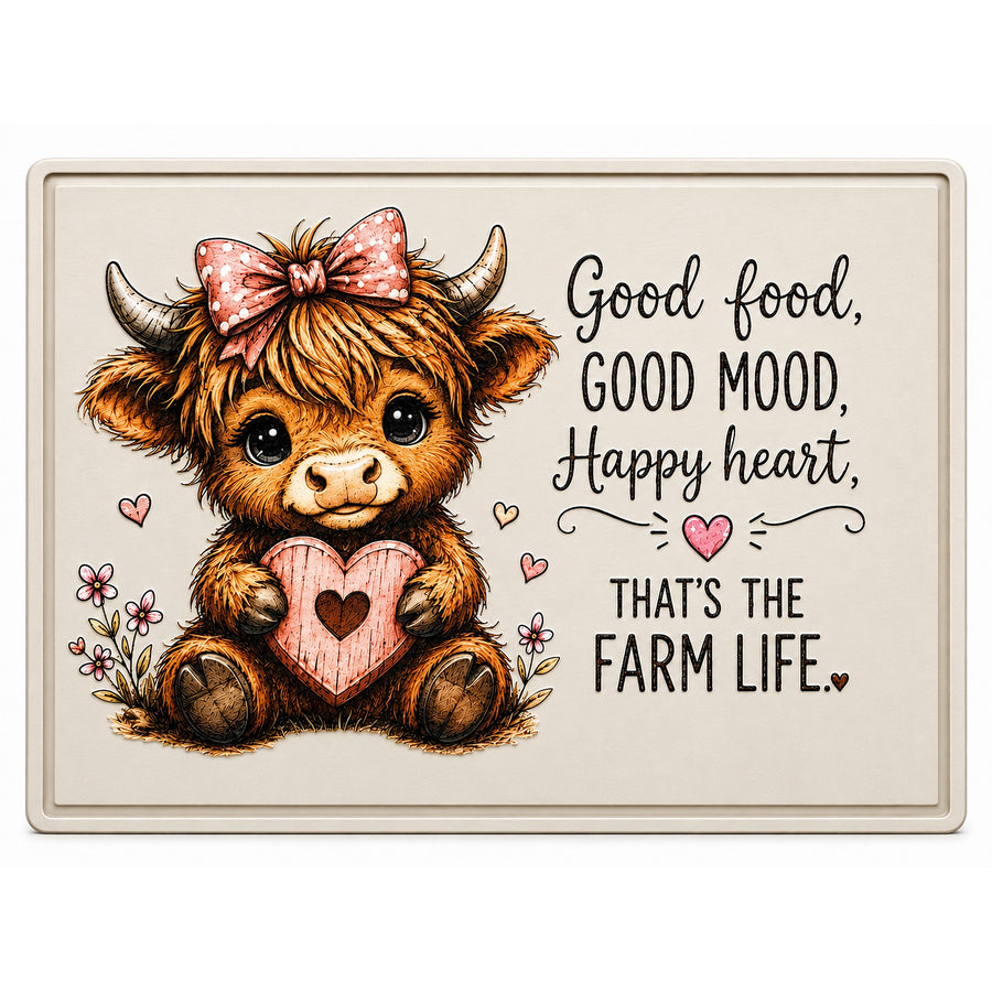 Highland Cow Good Food Good Mood Happy Heart Board