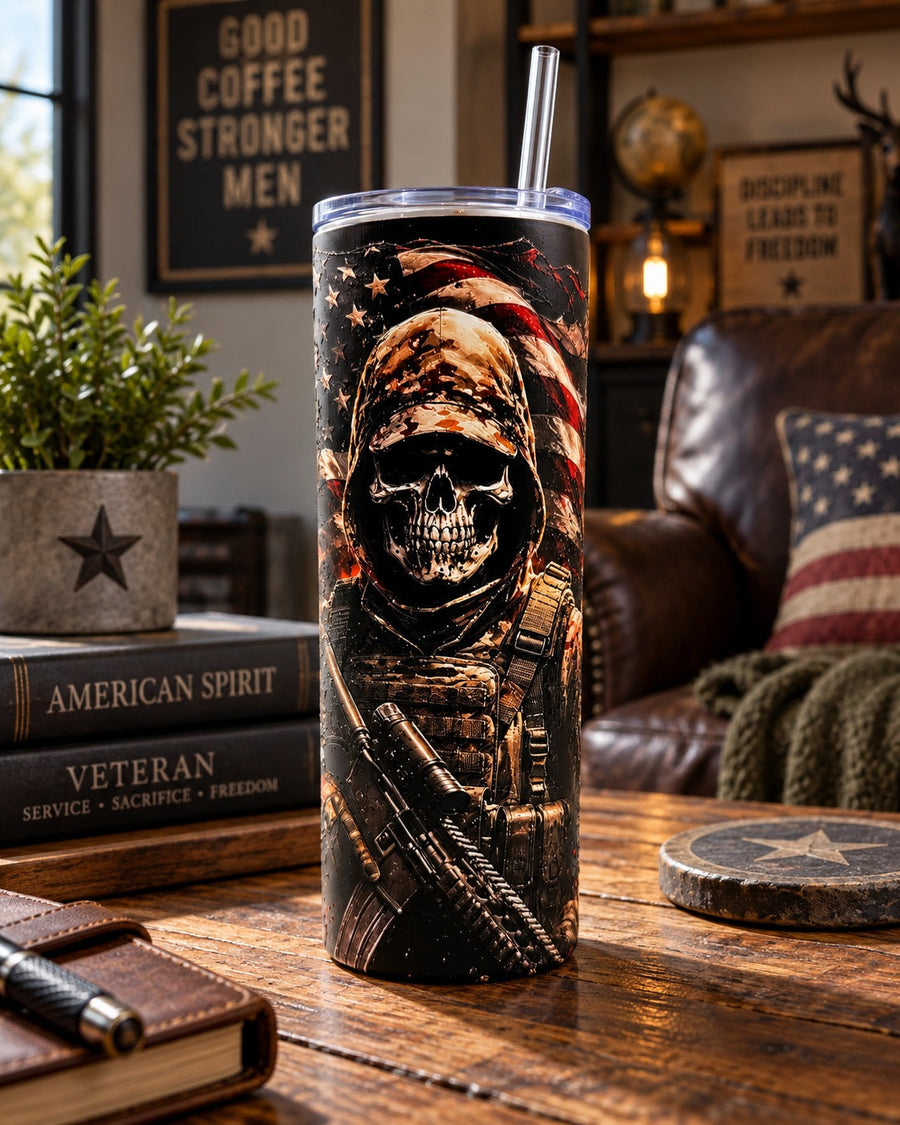 Land of the Free patriotic tumbler on a veteran's desk