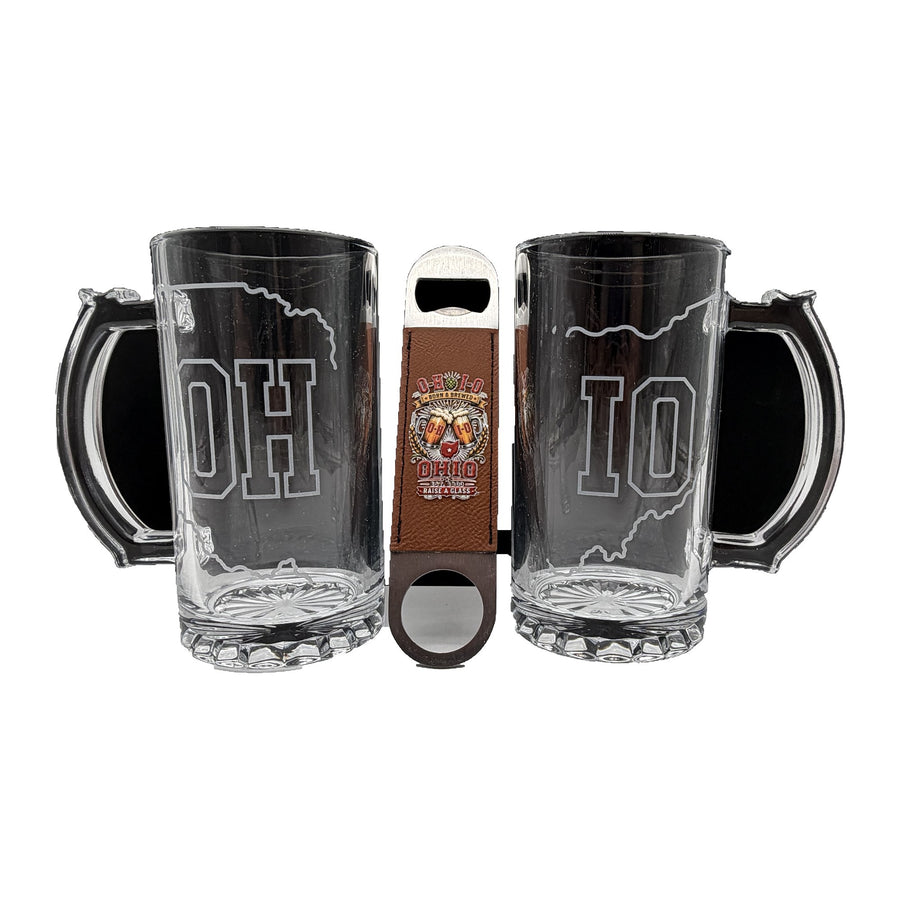 OH & IO Etched Ohio Beer Mug Gift Set