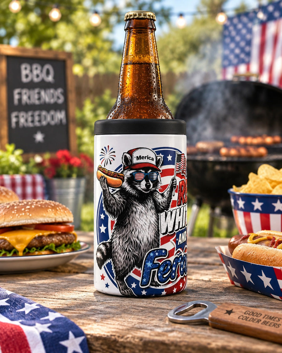 Red White and Feral raccoon can cooler at a backyard cookout