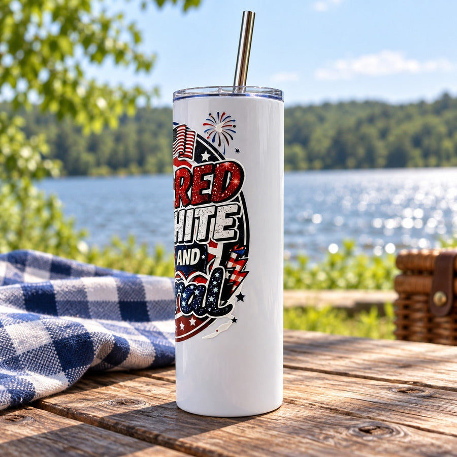 Red White and Feral raccoon 20oz tumbler by the lake