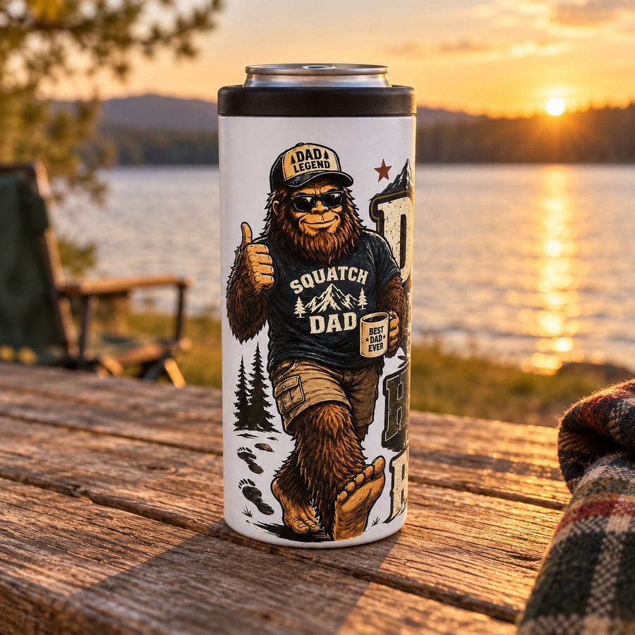 Squatch Dad can cooler on a lakeside table at sunset