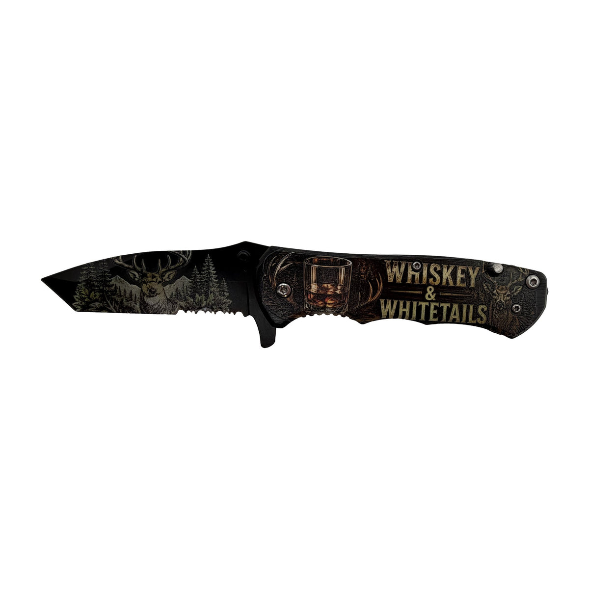 Whiskey and Whitetails buck UV printed pocket knife on white