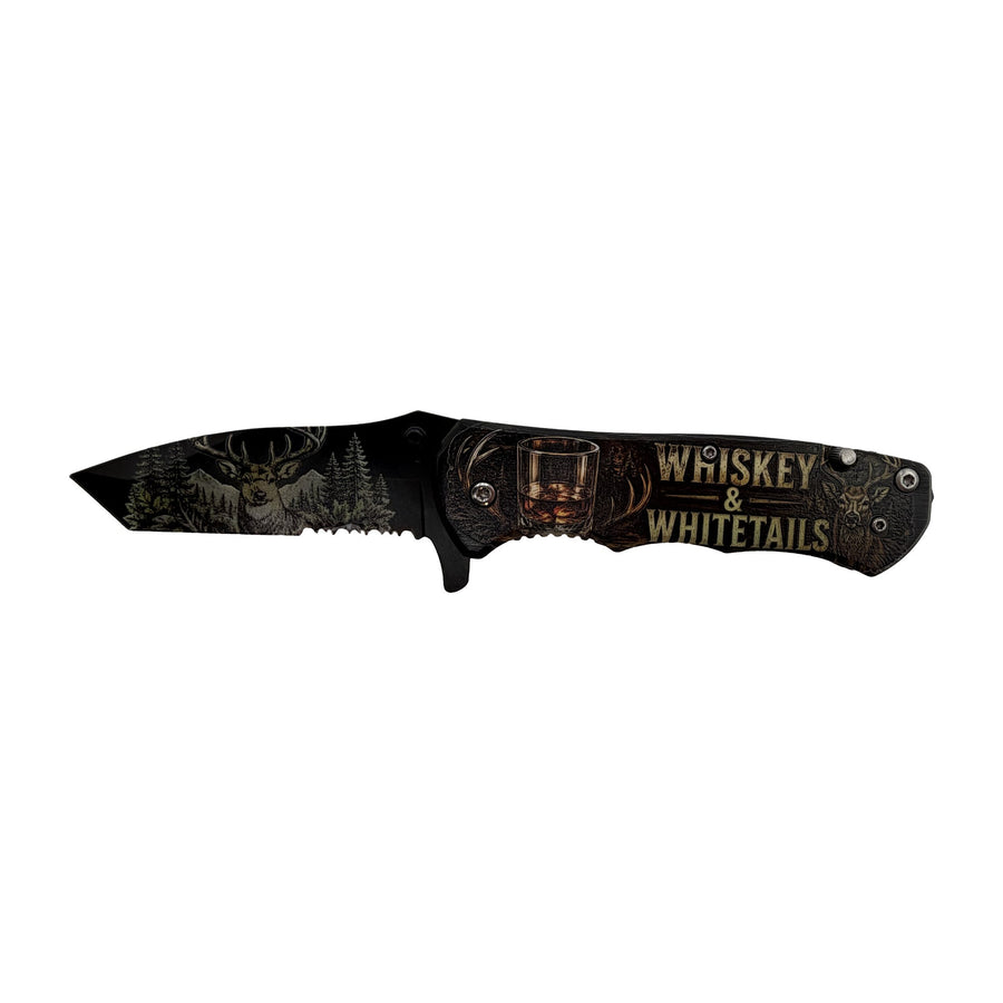 Whiskey and Whitetails buck UV printed pocket knife on white