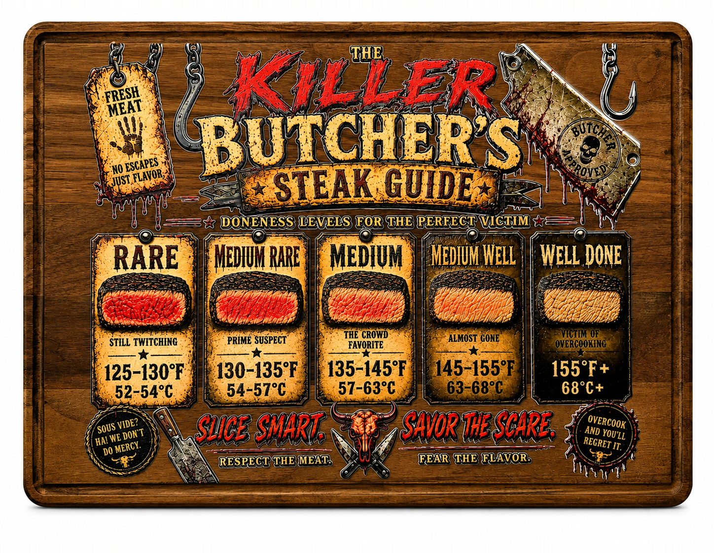 Steak Lover Gift, Killer Butcher's Steak Guide Decorative Walnut Kitchen Board, BBQ Grill Decor, Man Cave Wall Art, Grill Master Gift, Steak Temperature Guide, 13.75" x 9.75"